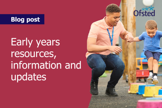 Text reads: early years resources, information and updates. A male daycare worker holds a young boy's hand as he balances on some blocks in a playground.