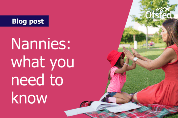 Text reads: 'Blog post - Nannies: what you need to know'. Next to this, an image of a nanny and child sitting outside on the grass while playing a clapping game.