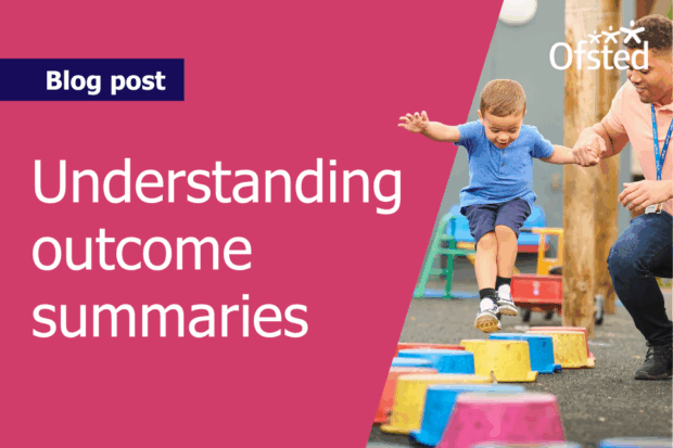 Text reads: 'Blog post - Understanding outcome summaries'. Next to this, an image of a child jumping on some small colourful buckets with a male nursery worker holding his hand.